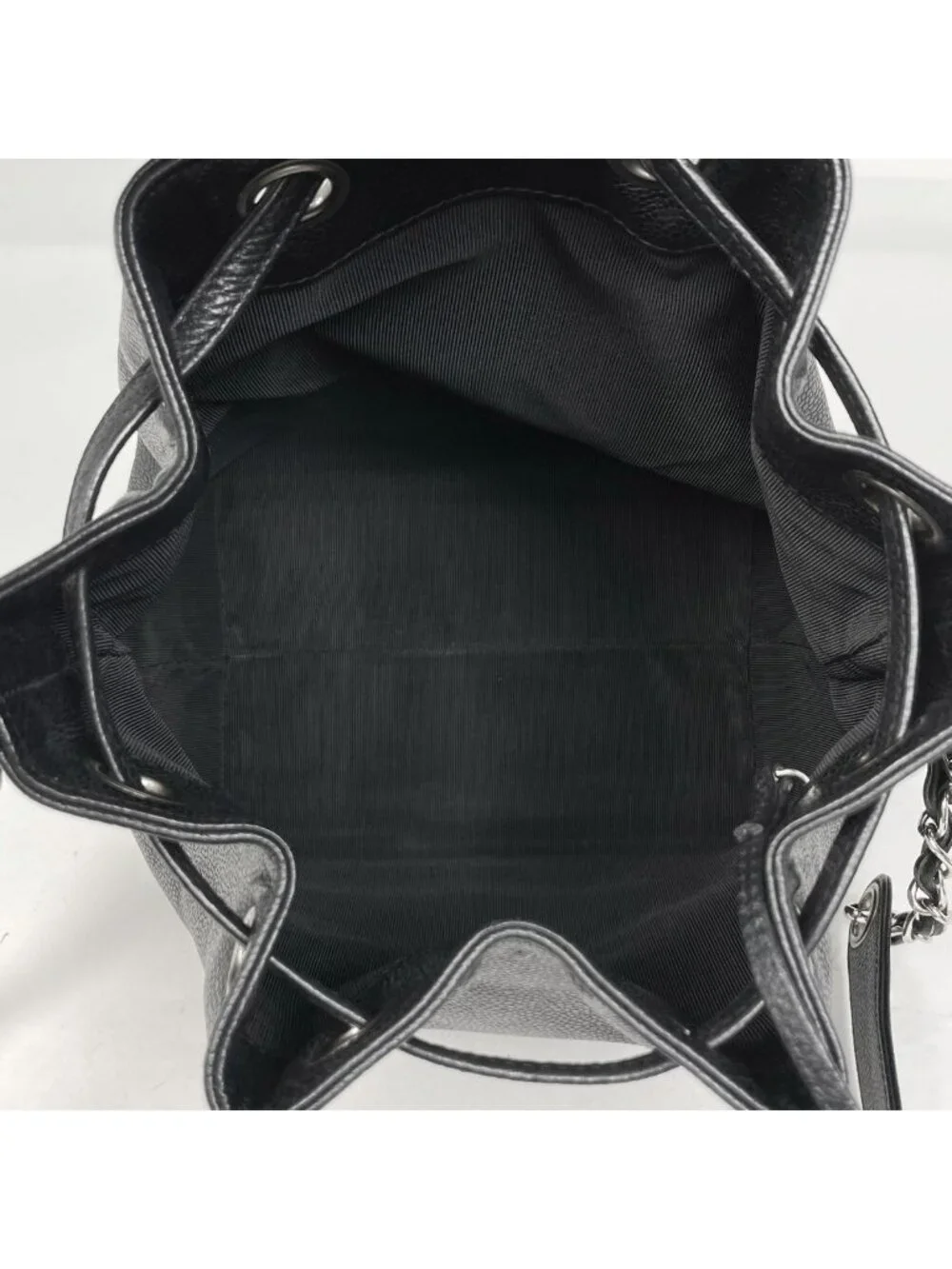 Chanel Logo Chain Shoulder Bag Drawstring Caviar Leather Black